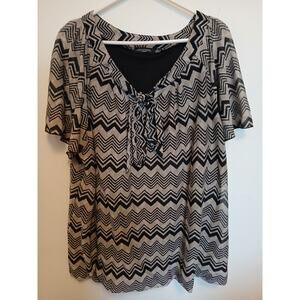 Notations Black Gray Bowtie Neckline Blouse 3X Flutter Sleeves Stretch Shirt